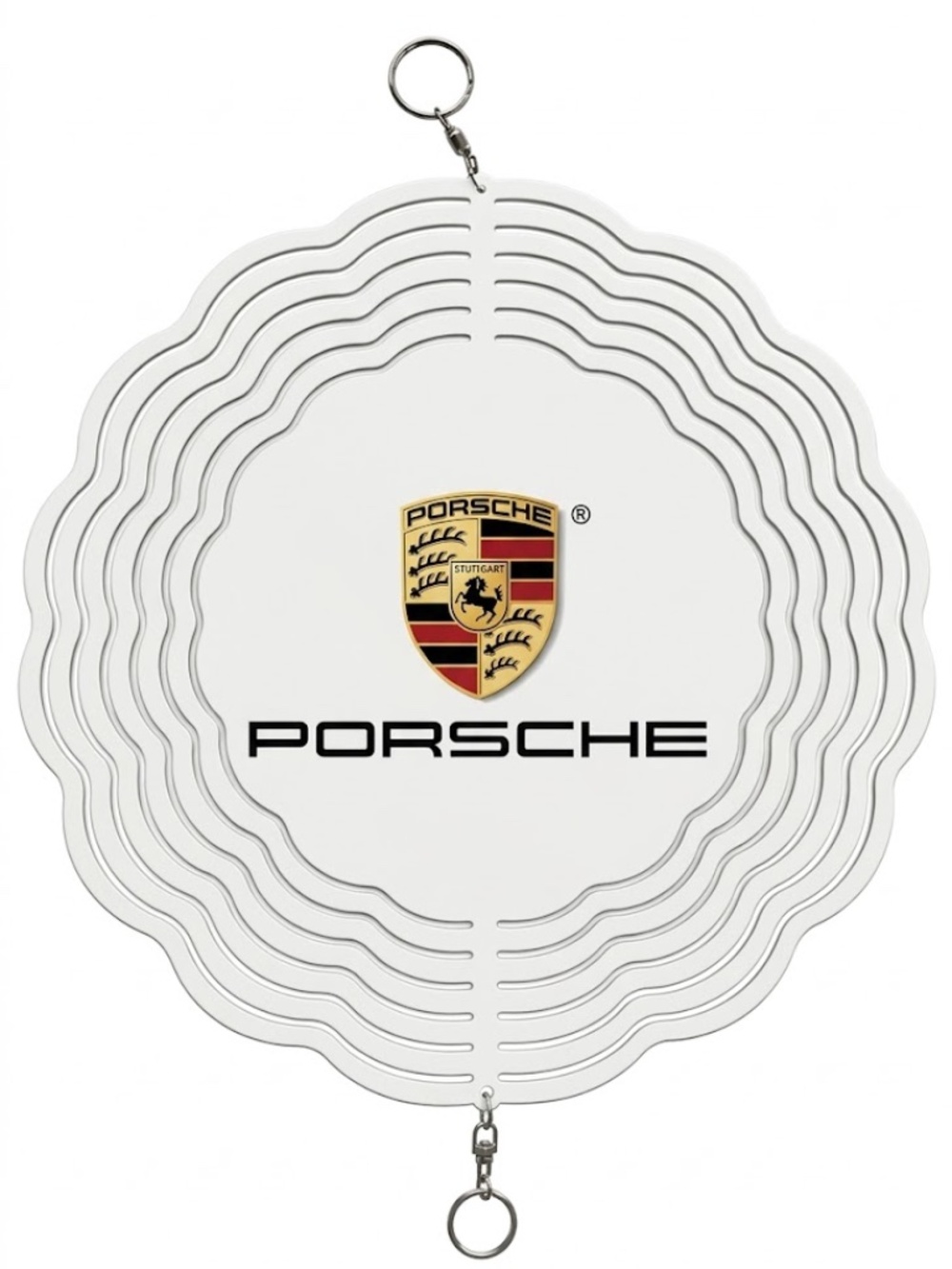10" Porsche Crest Logo Kinetic Wind Spinner - White Metal Hanging Yard Decor